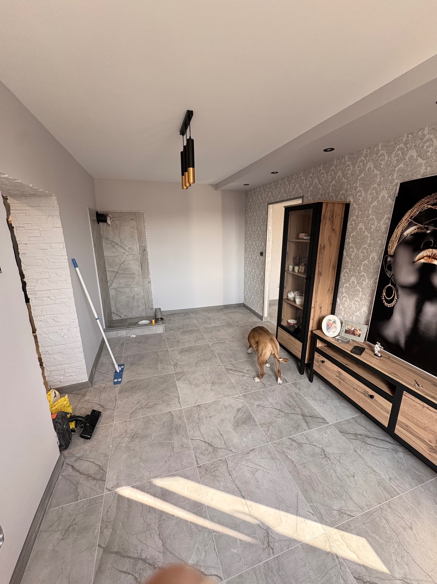 Wykończone wnętrze z szarą podłogą i dekoracyjną ścianą w Zabrzu. Widoczny fragment mebli i pies. Częściowo wykończona ściana z cegły.