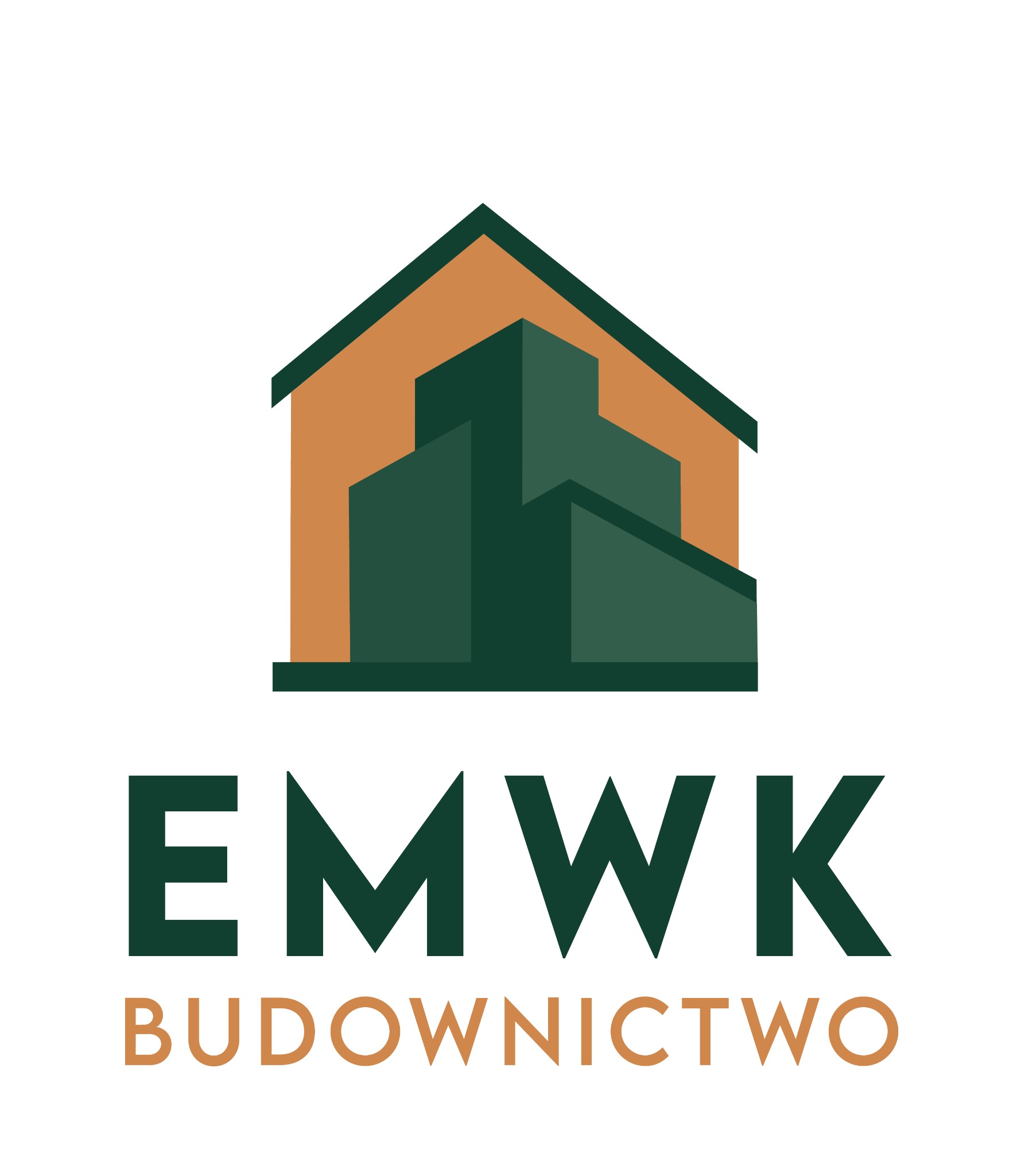 Logo firmy budowlanej EMWK z zielonym symbolem budynku i napisem 'BUDOWNICTWO' w kolorze piaskowym. Minimalistyczny design.