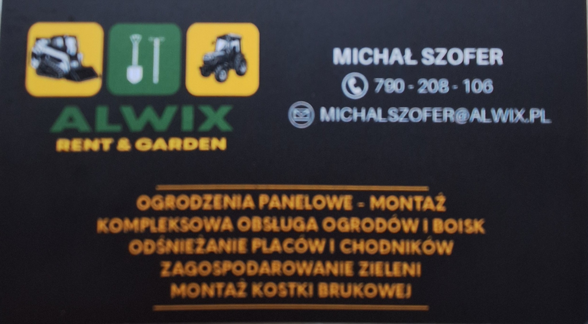 Wizytówka firmy Alwix Rent & Garden z ofertą: montaż ogrodzeń panelowych, obsługa ogrodów, odśnieżanie, zagospodarowanie zieleni, montaż kostki brukowej. Kontakt: Michał Szofer.