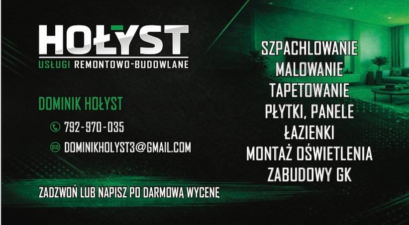Wizytówka firmy remontowo-budowlanej Hołyst z ofertą: szpachlowanie, malowanie, tapetowanie, płytki, panele, łazienki, montaż oświetlenia, zabudowy GK. Kontakt: telefon, email.
