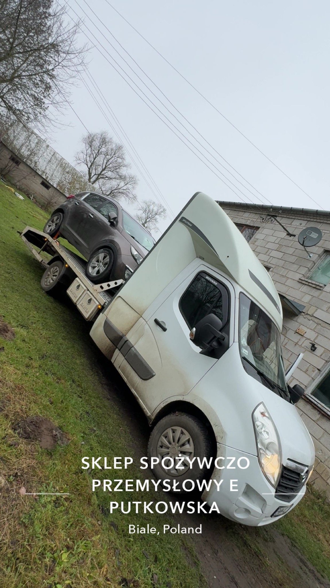 Biała autolaweta z szarym samochodem osobowym na platformie, zaparkowana na trawiastym terenie obok budynku. Ujęcie z boku, pochmurne niebo w tle.