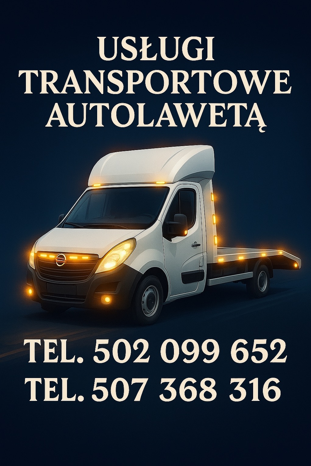 Grafika autolawety z włączonymi światłami, na ciemnym tle z numerami telefonów. Usługi transportowe.