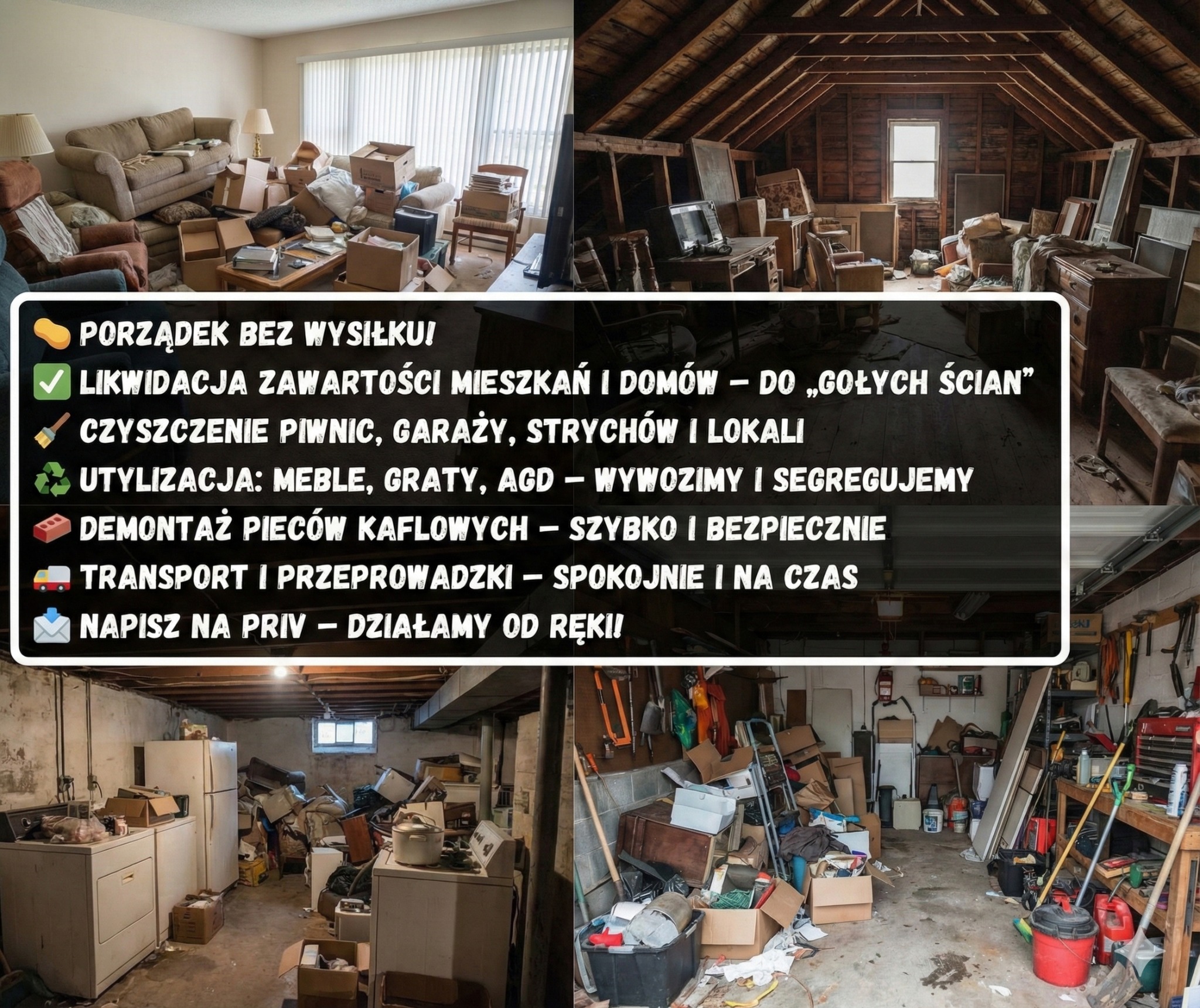 Cztery kadry: zagracony salon, strych, piwnica i garaż. Tekst: likwidacja zawartości mieszkań, czyszczenie piwnic, utylizacja, demontaż pieców, transport.