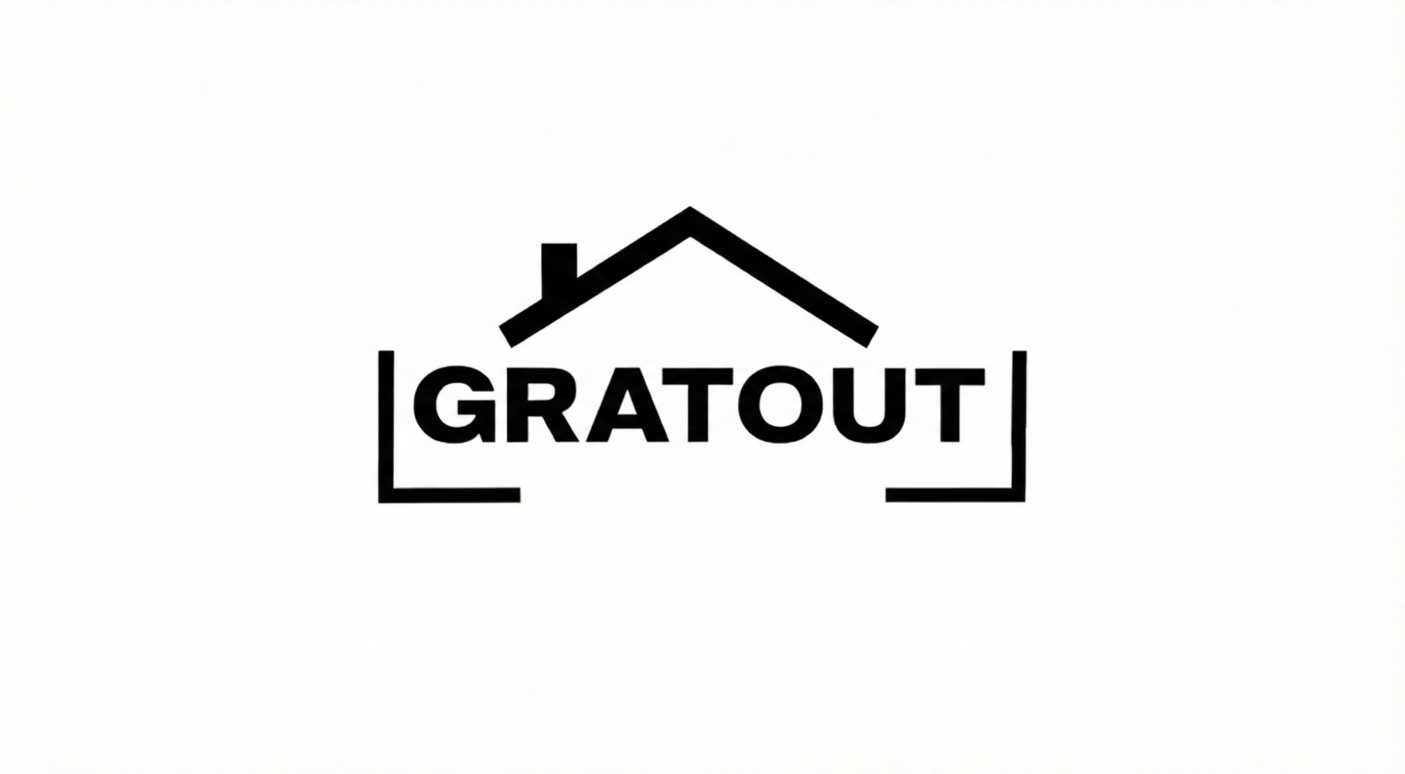 Minimalistyczne logo 'GRATOUT' w czerni na białym tle, z symbolem dachu domu nad napisem, ujęte w kwadratowe nawiasy. Prosty, nowoczesny design.