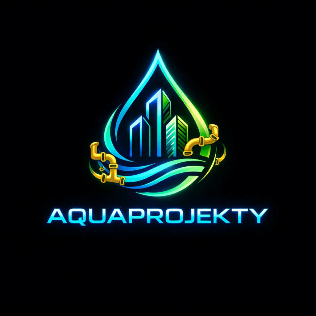 Neonowe logo 'Aquaprojekty' na czarnym tle. Symbolizuje kroplę wody z budynkami i rurami. Nowoczesny design.