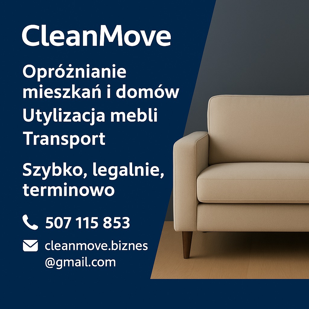 Reklama firmy CleanMove: opróżnianie mieszkań, utylizacja mebli, transport. Beżowa sofa na jasnej podłodze, kontakt telefoniczny i adres e-mail.