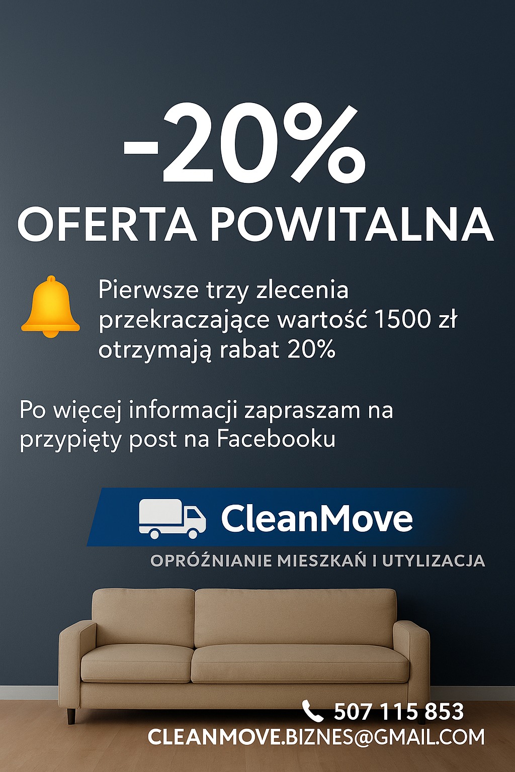 Grafika reklamowa: oferta powitalna -20% na opróżnianie mieszkań i utylizację. Beżowa sofa na tle granatowej ściany, logo CleanMove, dane kontaktowe.