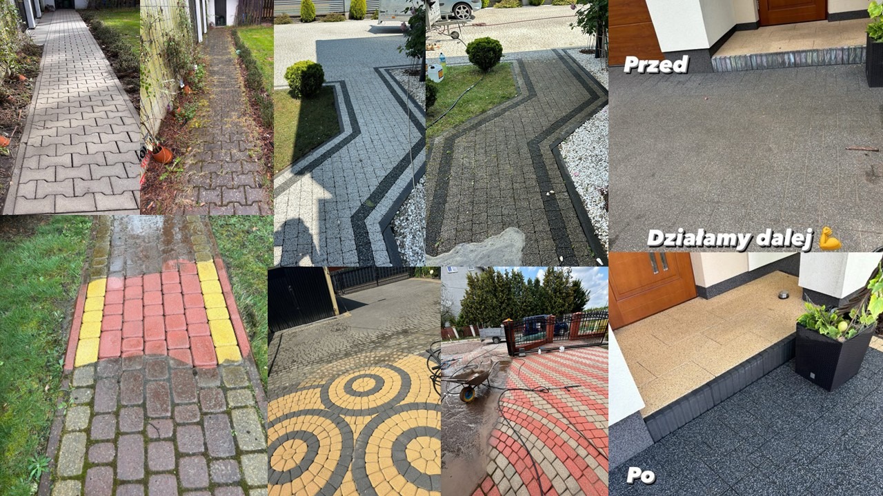 Kompozycja zdjęć kostki brukowej przed i po myciu, ukazująca efekty czyszczenia różnych wzorów i kolorów, w tym z użyciem myjki ciśnieniowej.