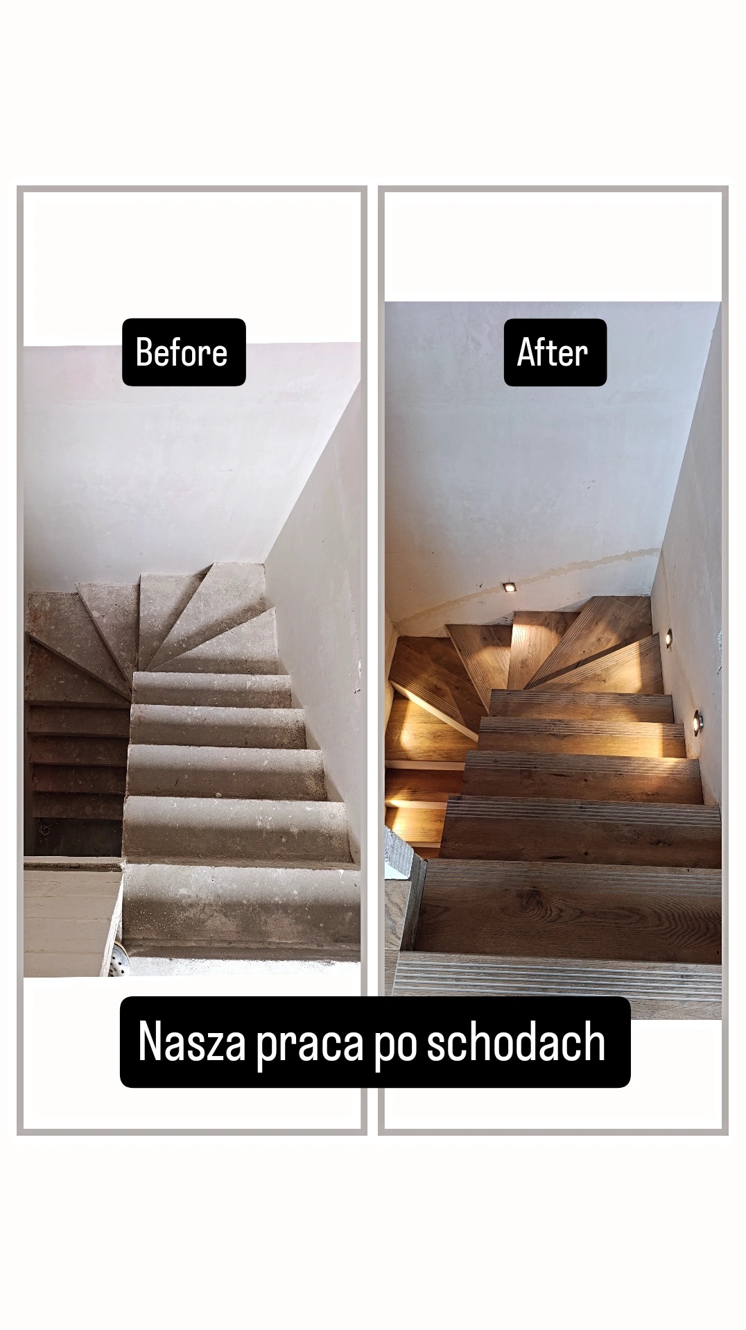 Zdjęcie schodów przed i po renowacji. Po lewej surowe betonowe schody, po prawej wykończone drewnem z oświetleniem. Widok z góry.