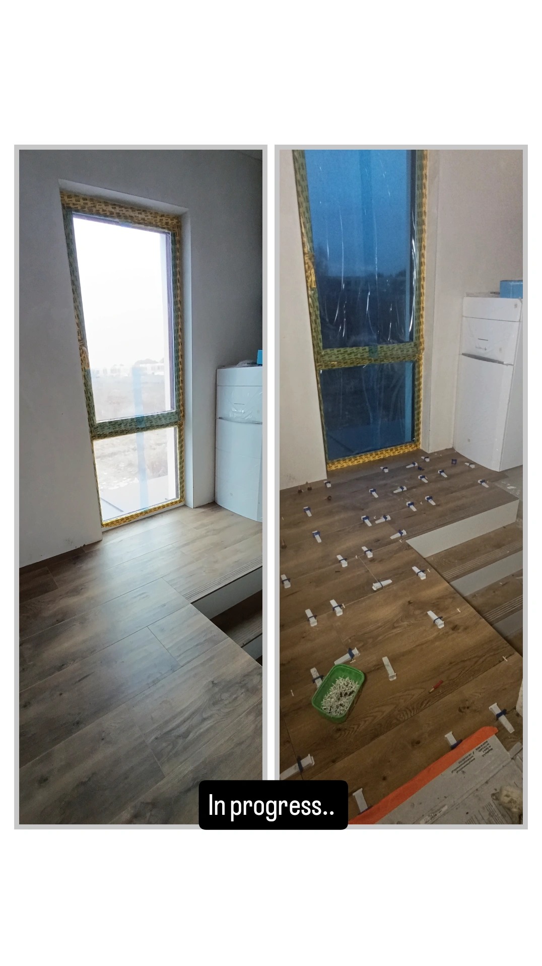 Porównanie: przed i w trakcie układania podłogi z płytek imitujących drewno. Widoczne poziomowanie płytek przy oknie zabezpieczonym folią. W tle biała lodówka.