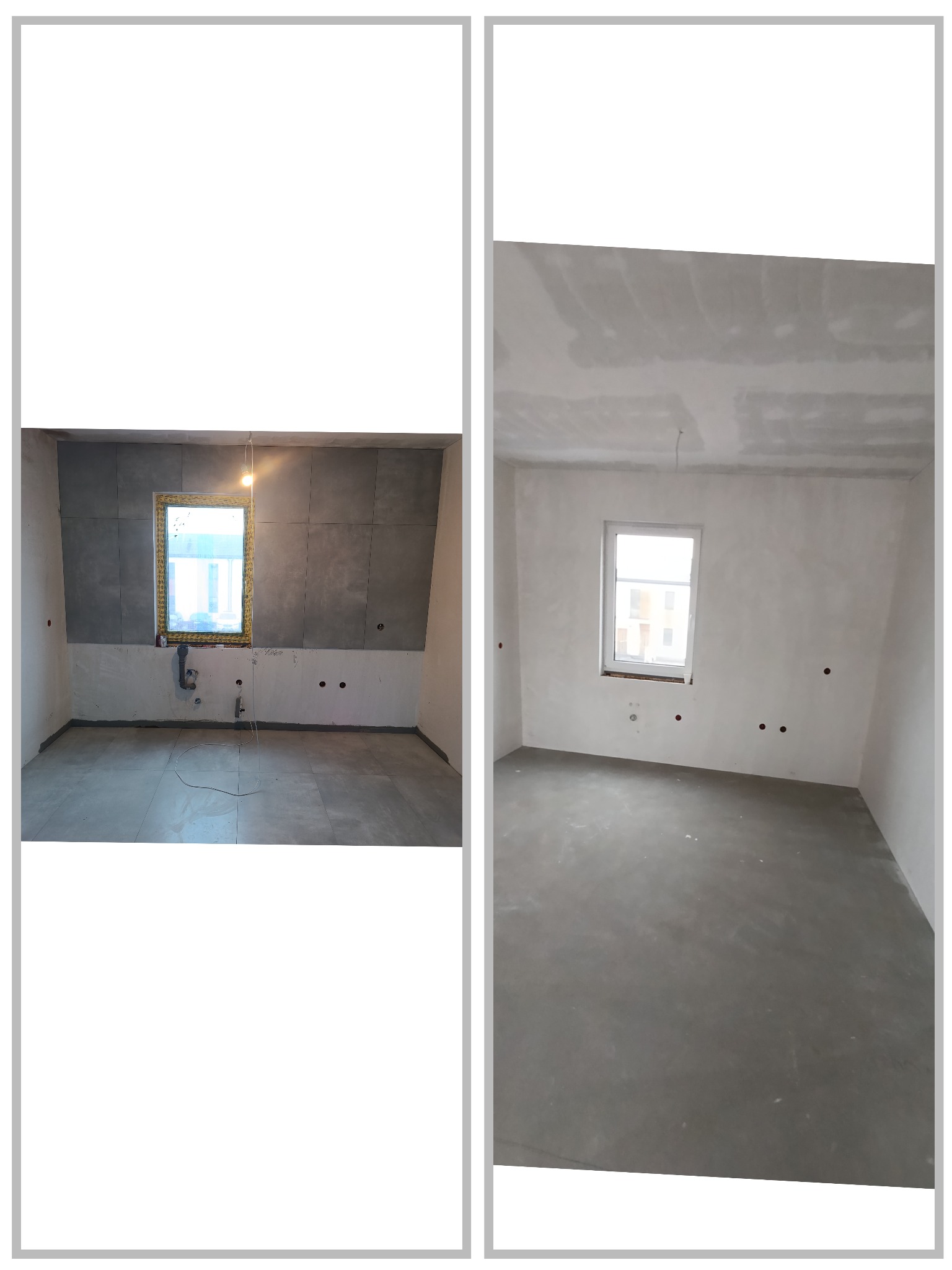 Dwa ujęcia wnętrza w trakcie prac: po lewej ściana z szarymi płytami i oknem, po prawej surowa ściana po gładziowaniu, widoczne instalacje elektryczne.