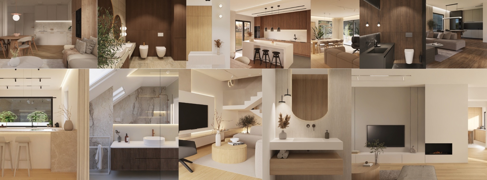 Kolaż przedstawiający różnorodne, nowoczesne wnętrza: salon z kuchnią, łazienki z marmurem, pokoje dzienne z minimalistycznym designem i elementami drewna.
