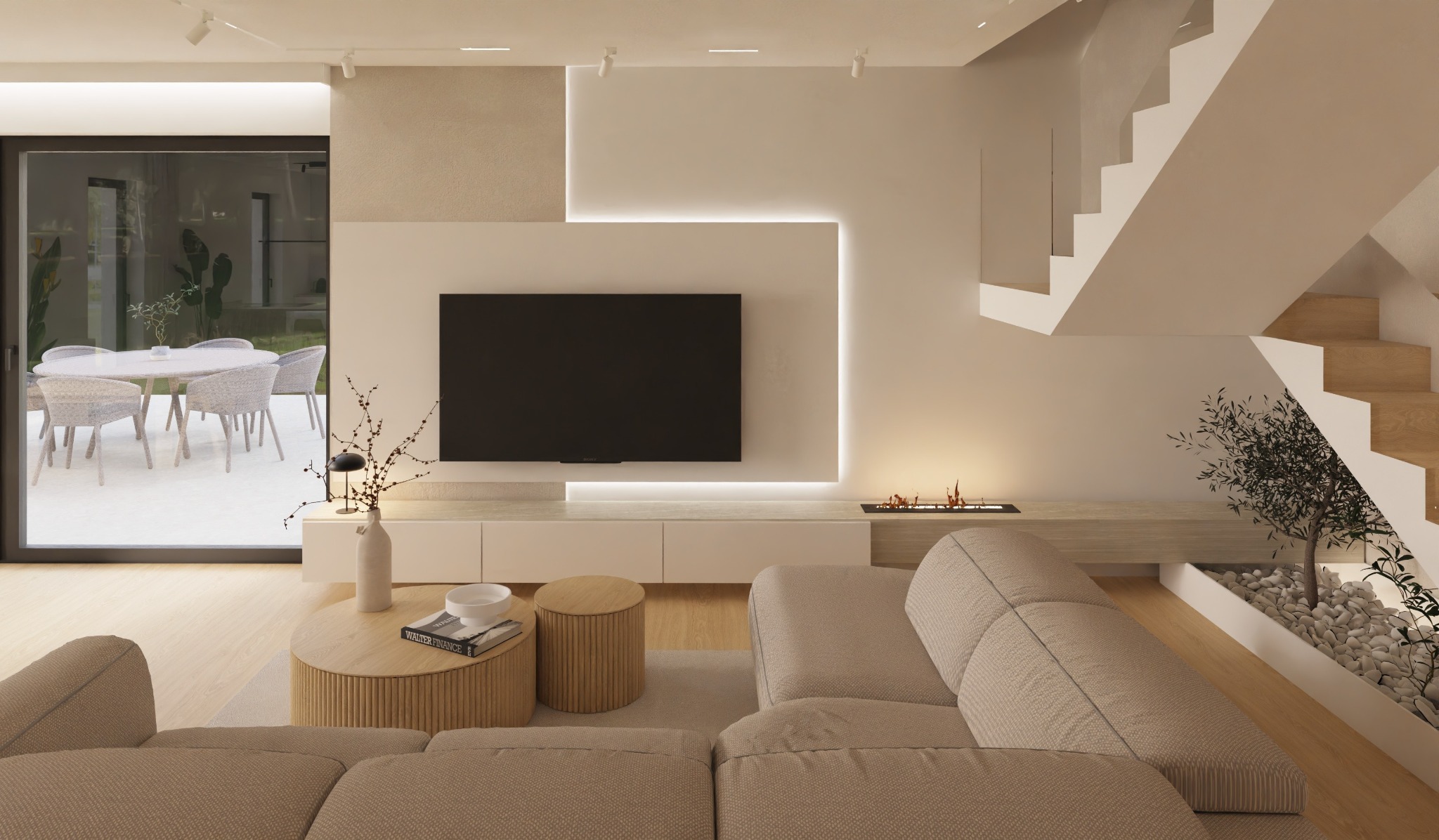 Jasne wnętrze salonu z beżową sofą, drewnianym stolikiem kawowym i schodami. Minimalistyczny design z oświetleniem LED i roślinami doniczkowymi. Widok na taras.