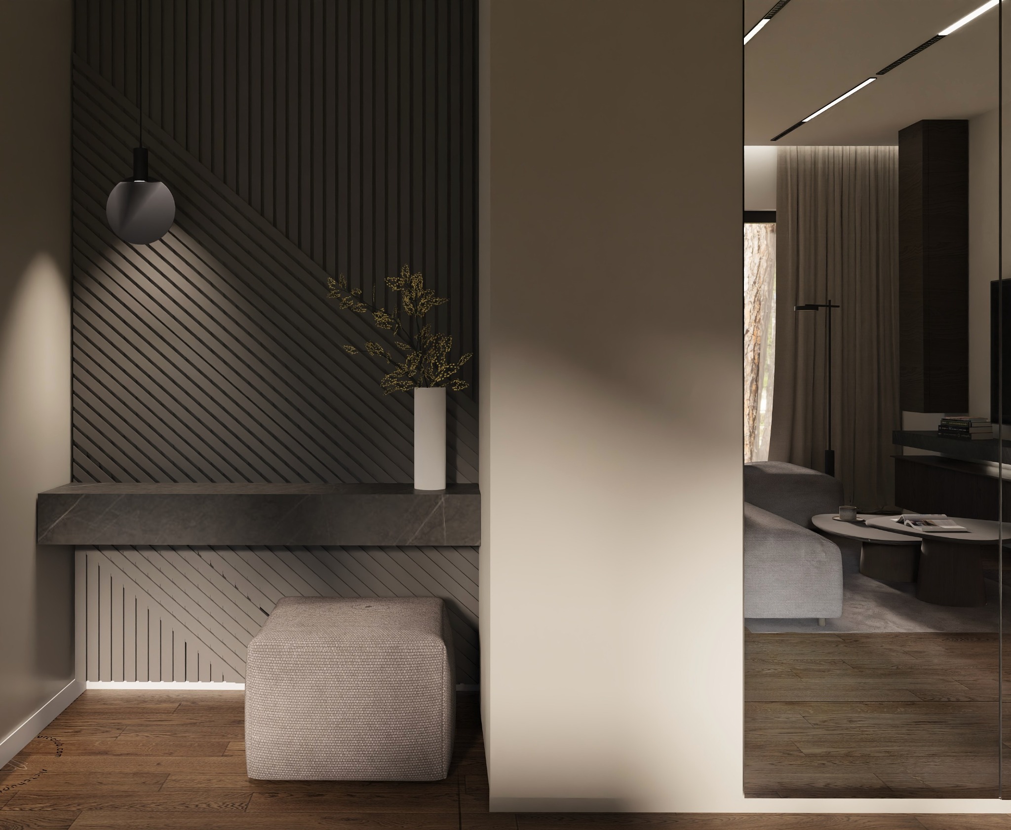 Nowoczesny przedpokój z dekoracyjną ścianą z lameli, marmurową konsolą i pufą. W tle widoczny salon z szarą sofą i stolikiem kawowym. Całość w stonowanej kolorystyce.