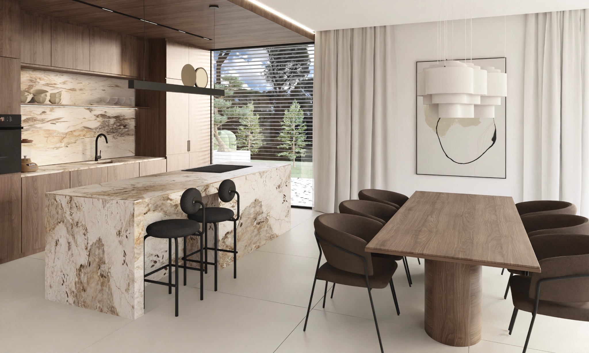 Nowoczesna kuchnia z wyspą z marmuru, drewnianymi szafkami i minimalistycznym oświetleniem. Stół z krzesłami w odcieniach brązu dopełnia aranżację.