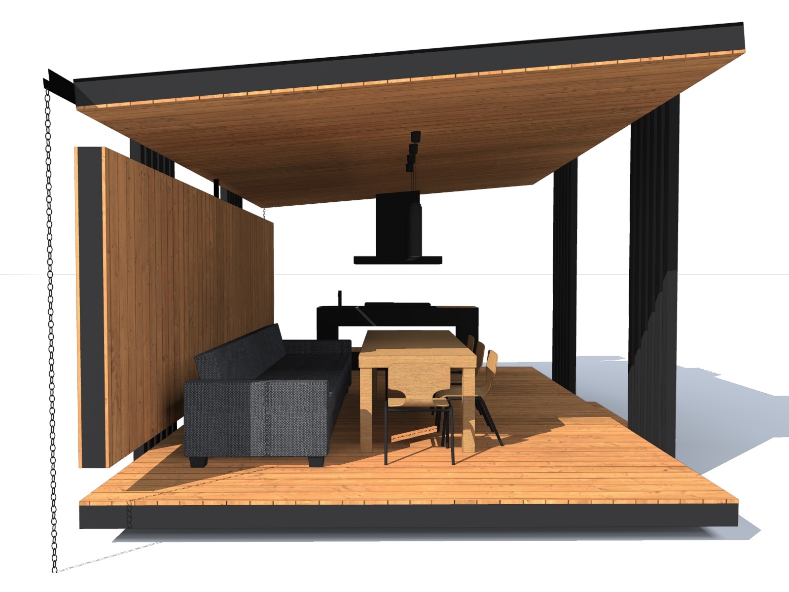 Wizualizacja zadaszonej przestrzeni wypoczynkowej z drewnianą podłogą, sofą, stołem i krzesłami. Czarny grill i oświetlenie nad stołem. Minimalistyczny design.