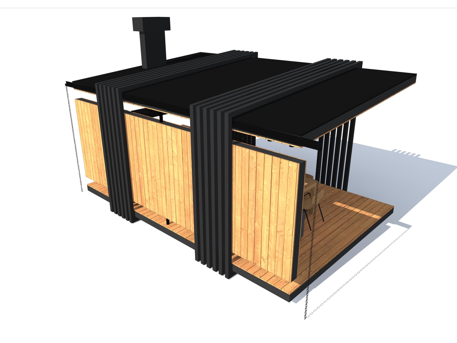 Wizualizacja 3D nowoczesnej altany z drewnianymi panelami i czarną konstrukcją, ukazana z perspektywy izometrycznej na białym tle.