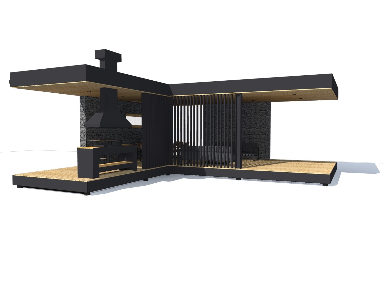 Wizualizacja 3D nowoczesnej, czarnej altany z grillem i kamienną ścianą, z drewnianą podłogą i minimalistycznym designem. Widok z boku, oświetlenie studyjne.