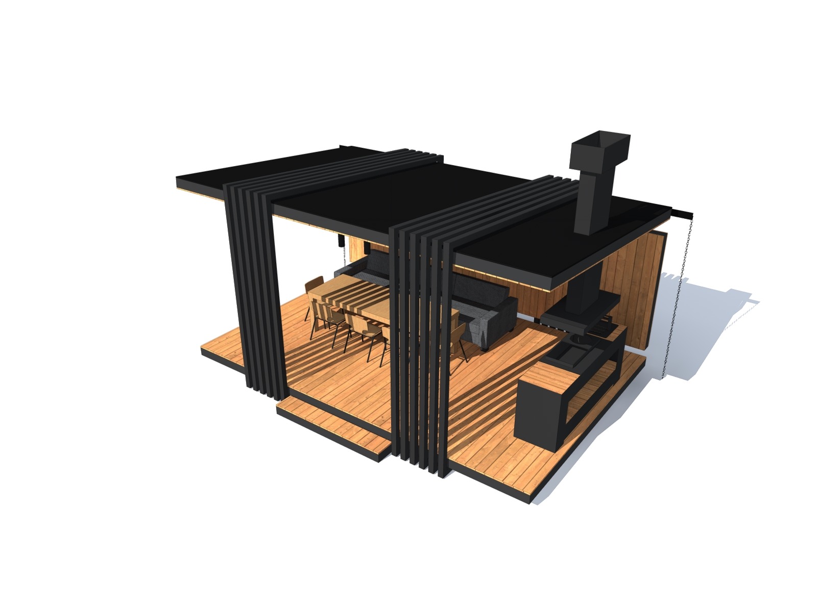 Wizualizacja 3D nowoczesnej altany ogrodowej z drewnianą podłogą, czarnym dachem i elementami grilla. Widoczny stół z krzesłami i sofa. Minimalistyczny design.