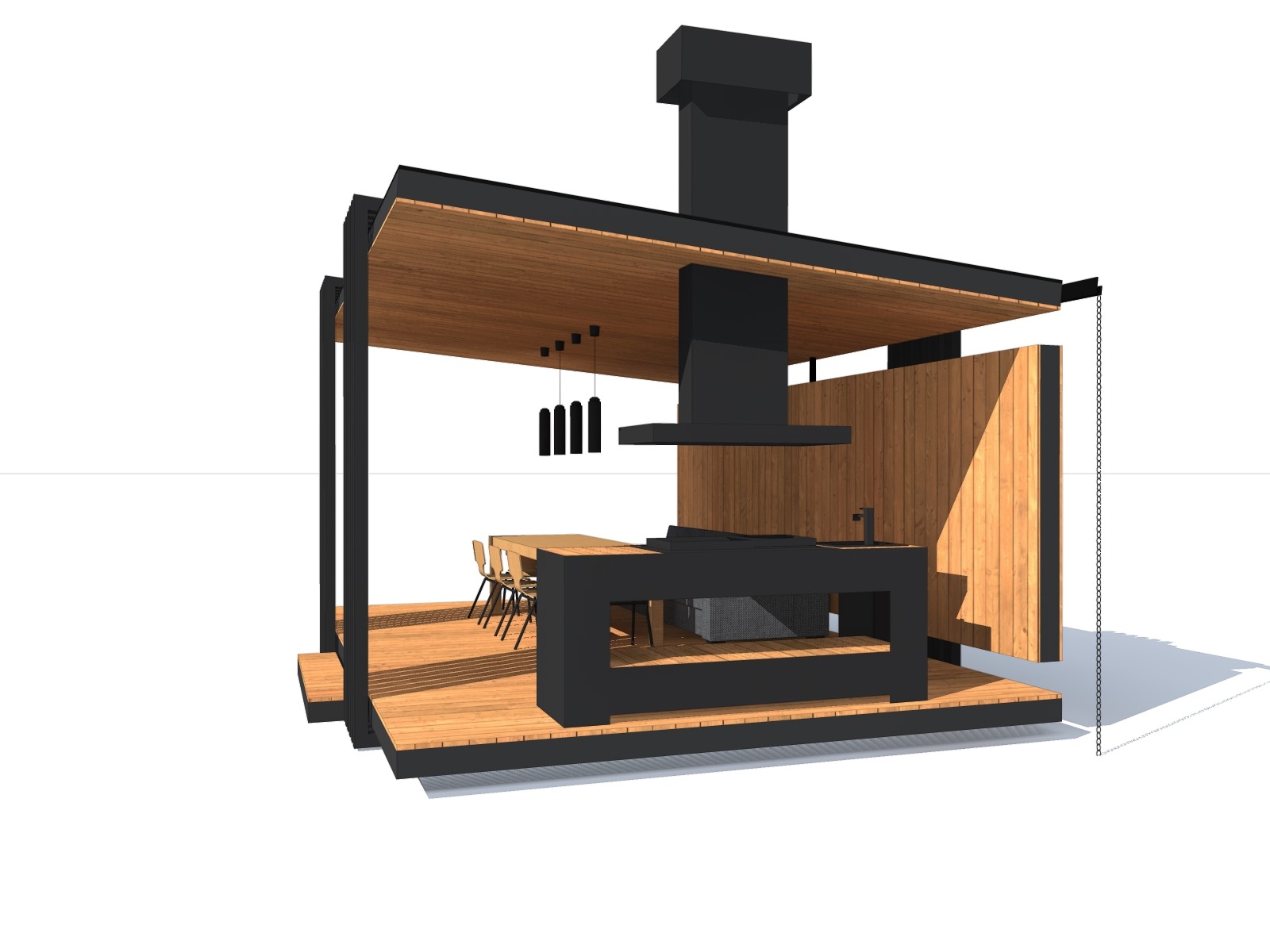 Wizualizacja 3D nowoczesnej, zadaszonej kuchni letniej z drewnianą podłogą i ścianami, czarnymi elementami konstrukcyjnymi i oświetleniem. Minimalistyczny design.