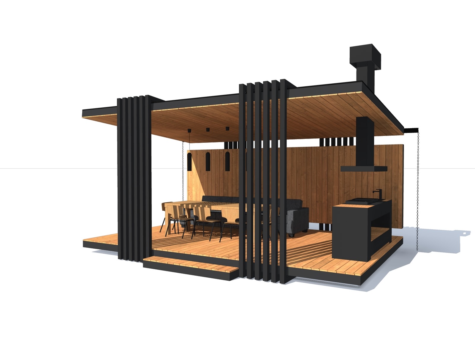 Wizualizacja 3D zadaszonej przestrzeni zewnętrznej z drewnianą podłogą, stołem z krzesłami, sofą i zabudową kuchenną w kolorze czarnym. Nowoczesny design z elementami drewna.