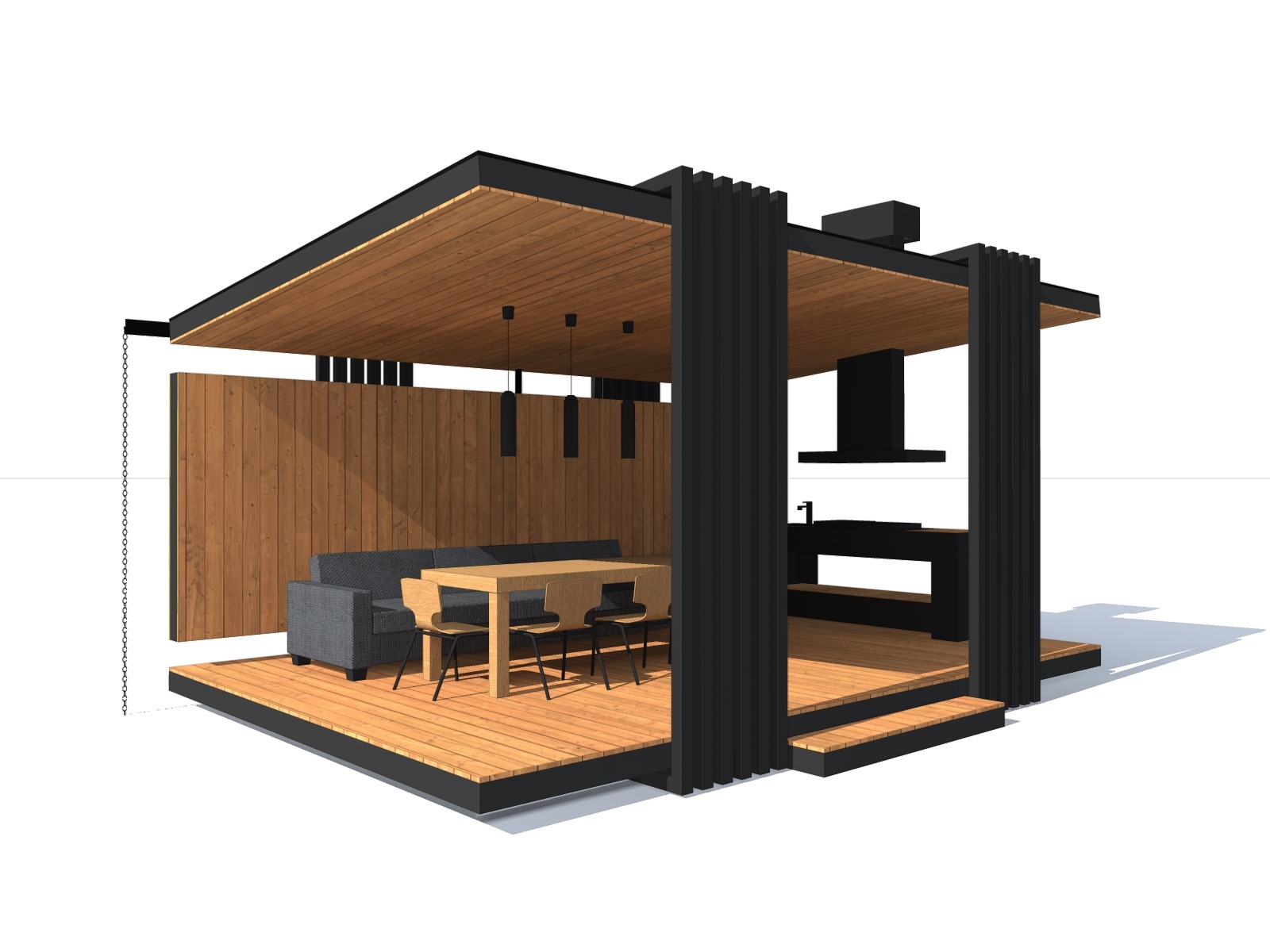 Wizualizacja 3D nowoczesnej altany z drewnianą podłogą, sofą, stołem i krzesłami. Czarna konstrukcja, oświetlenie wiszące i zabudowa kuchenna w tle.