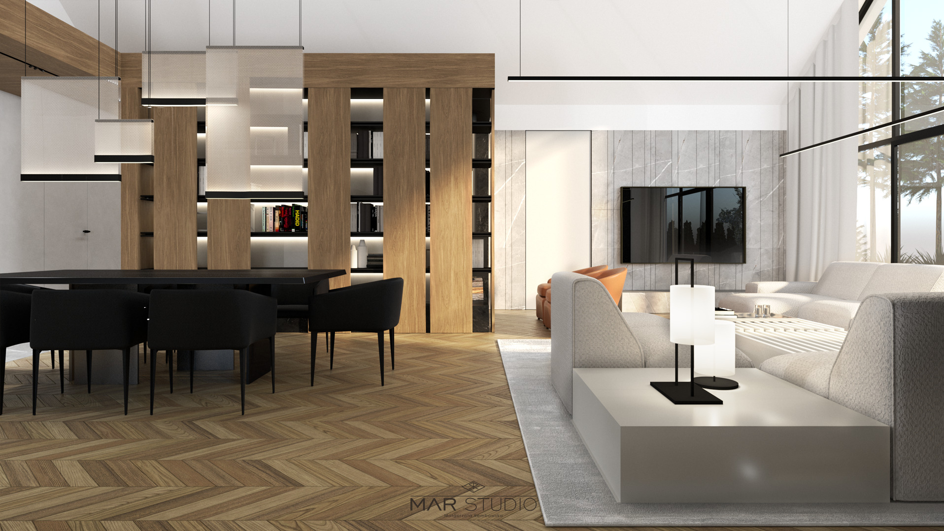 Nowoczesne wnętrze: parkiet w jodełkę, czarny stół z krzesłami, regał z drewnianymi lamelami, szara sofa i marmurowa ściana z TV. Minimalistyczny design.