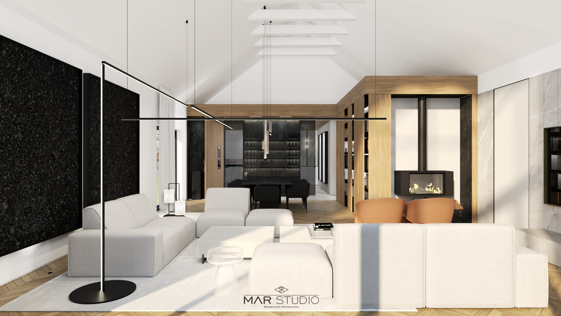 Wnętrze salonu z jadalnią w stylu nowoczesnym: białe sofy modułowe, czarny kamień na ścianie, drewniane akcenty i minimalistyczny kominek. Oświetlenie liniowe.