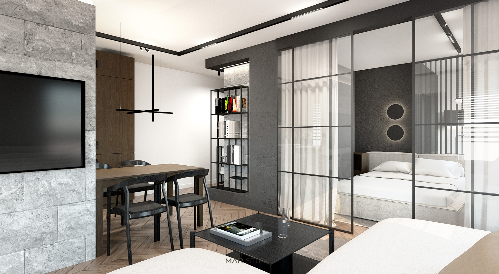 Nowoczesne wnętrze: jadalnia z drewnianym stołem i czarnymi krzesłami, oddzielona szklaną ścianą od sypialni z łóżkiem. Minimalistyczny design, stonowana kolorystyka.