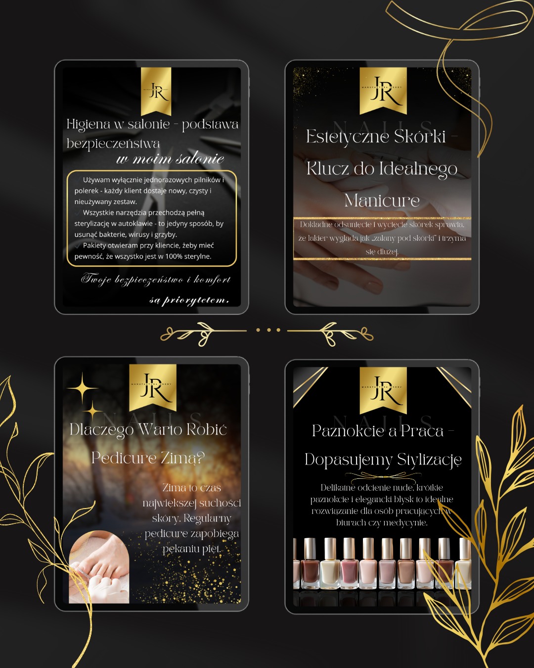 Grafika salonu kosmetycznego: higiena, manicure, pedicure zimą i stylizacje do pracy. Reklama usług z logo JR Nails na czarnym tle z złotymi zdobieniami.