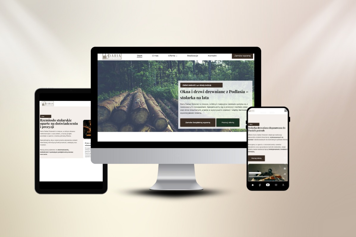 Rozbudowana strona dla zakładu stolarskiego wraz z brandingiem - logo, baner, wizytówka, grafiki na SM
