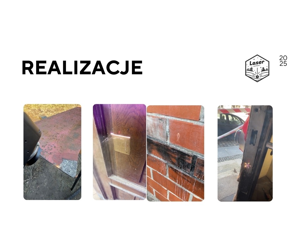 Prezentacja realizacji: czyszczenie laserowe powierzchni drewnianych, ceglanych i metalowych. Widoczne efekty pracy na różnych materiałach.