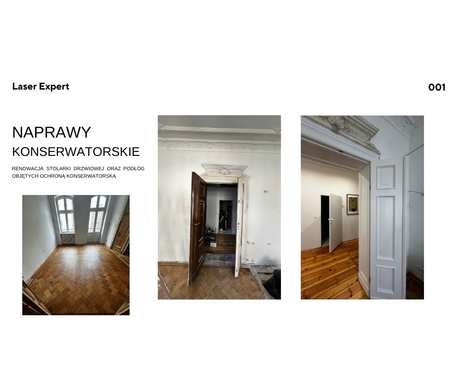Renowacja podłogi parkietowej i stolarki drzwiowej w zabytkowym wnętrzu. Widoczne detale architektoniczne i elementy dekoracyjne poddane konserwacji.