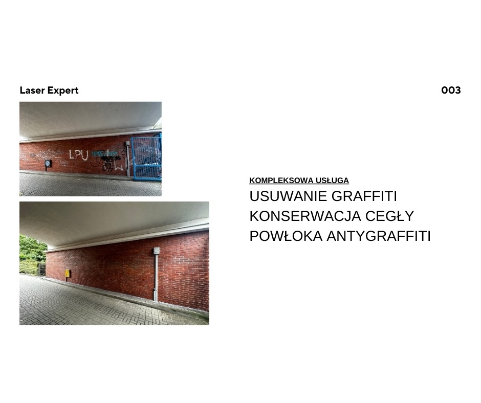 Ceglany mur przed i po usunięciu graffiti pod wiaduktem. Widoczne efekty czyszczenia i konserwacji cegły. Kompleksowa usługa z powłoką antygraffiti.