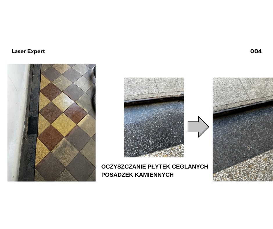 Czyszczenie płytek ceglanych i posadzek kamiennych: efekt przed i po. Widoczne różnice w wyglądzie powierzchni po zabiegu, z naciskiem na usunięcie zabrudzeń.