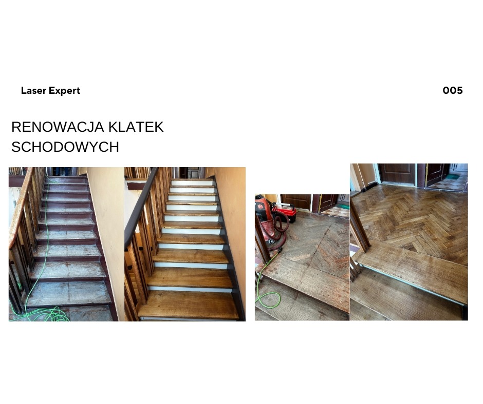 Renowacja drewnianych schodów: widok przed i po odnowieniu, z użyciem specjalistycznej maszyny do obróbki drewna. Parkiet po renowacji ułożony w jodełkę.