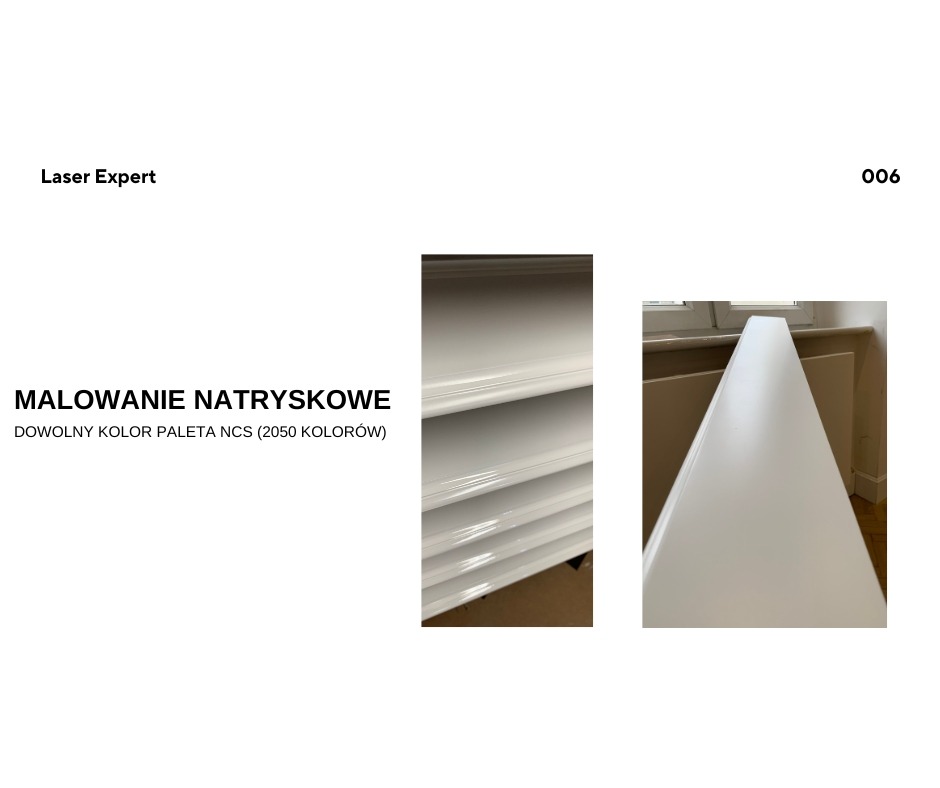 Malowanie natryskowe białych elementów drewnianych, widoczne detale wykończenia i gładka powierzchnia. Usługa dostępna w dowolnym kolorze z palety NCS.