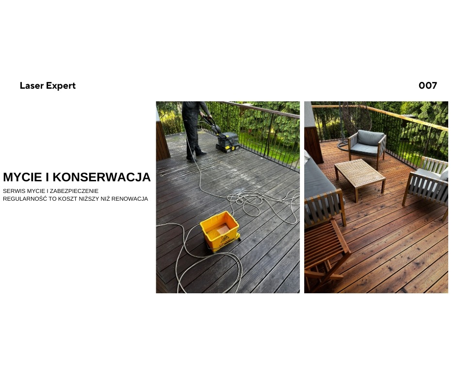 Czyszczenie desek tarasowych maszyną. Po lewej: deski w trakcie czyszczenia, widoczny żółty pojemnik. Po prawej: czyste deski z meblami ogrodowymi.