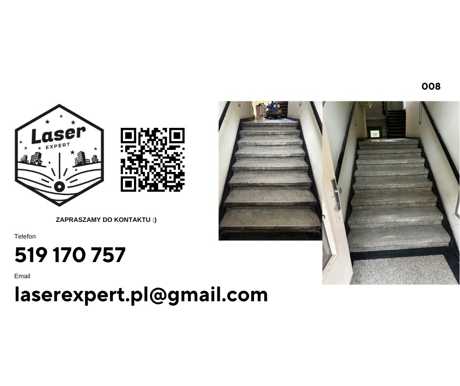 Schody w klatce schodowej przed i po czyszczeniu laserowym, z widocznym logo firmy i danymi kontaktowymi. Porównanie stanu przed i po zabiegu.