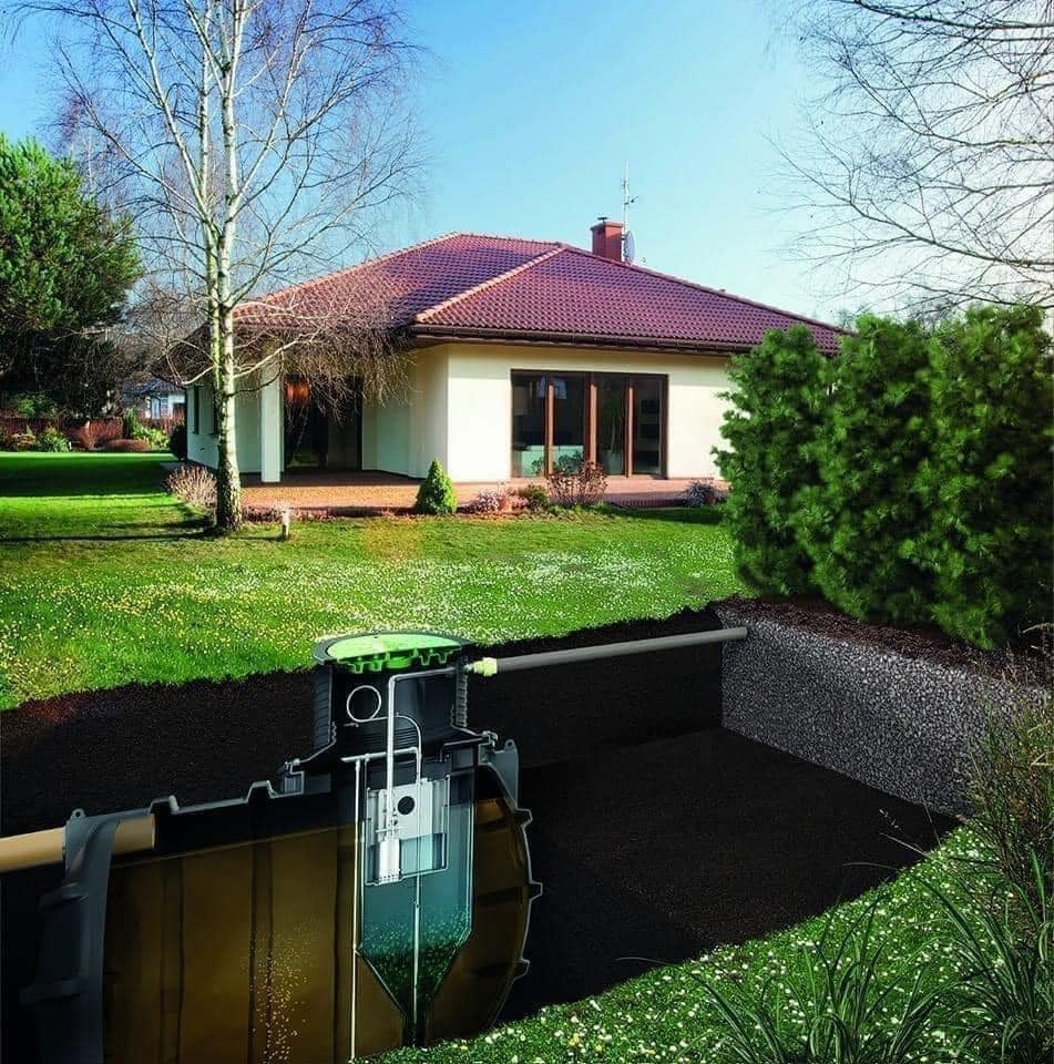 Przekrój instalacji przydomowej oczyszczalni ścieków na tle domu z ogrodem. Widoczny schemat działania i elementy składowe systemu.