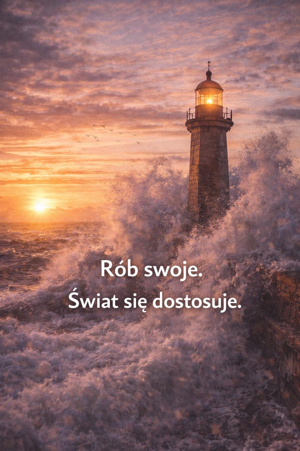 Kamienna wieża latarni morskiej oświetlona zachodzącym słońcem, otoczona wzburzonym morzem. Napis: Rób swoje. Świat się dostosuje.
