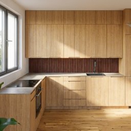 Magda Sikorska AMMA studio - Jasna, drewniana zabudowa kuchenna z brązowym panelem nad blatem, minimalistyczny design, oświetlona promieniami słońca, z zieloną rośliną w rogu kadru.