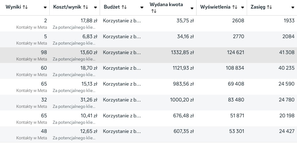 Tabela z danymi kampanii reklamowej Meta: wyniki, koszt, budżet, wydana kwota, wyświetlenia i zasięg. Prezentacja efektywności działań marketingowych online.
