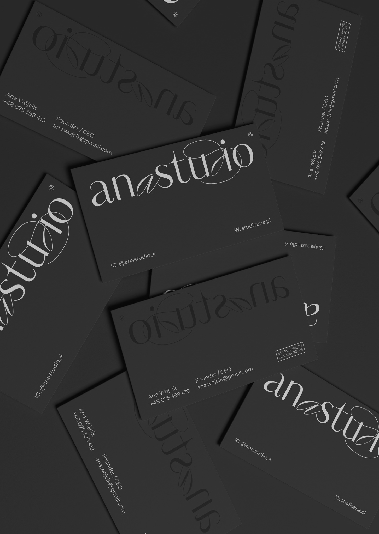 Eleganckie, czarne wizytówki z subtelnym, białym logo 'anastudio' i danymi kontaktowymi, ułożone pod kątem na ciemnym tle. Minimalistyczny design, profesjonalny wygląd.