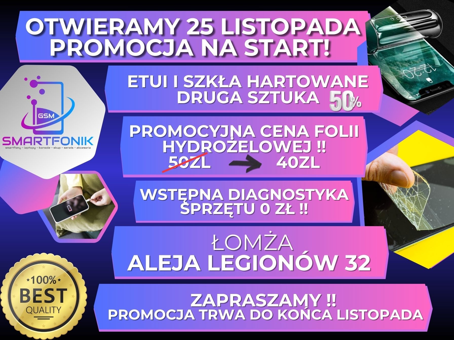 Reklama serwisu Smartfonik w Łomży: promocje na etui, szkła hartowane, folie hydrożelowe, darmowa diagnostyka. Otwarcie 25 listopada, Aleja Legionów 32.