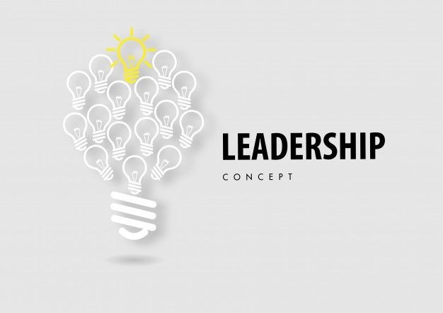 Grafika koncepcyjna: żarówka złożona z wielu żarówek, jedna wyróżniona kolorem, obok napis 'Leadership Concept'. Symbolika innowacji i przewodnictwa.