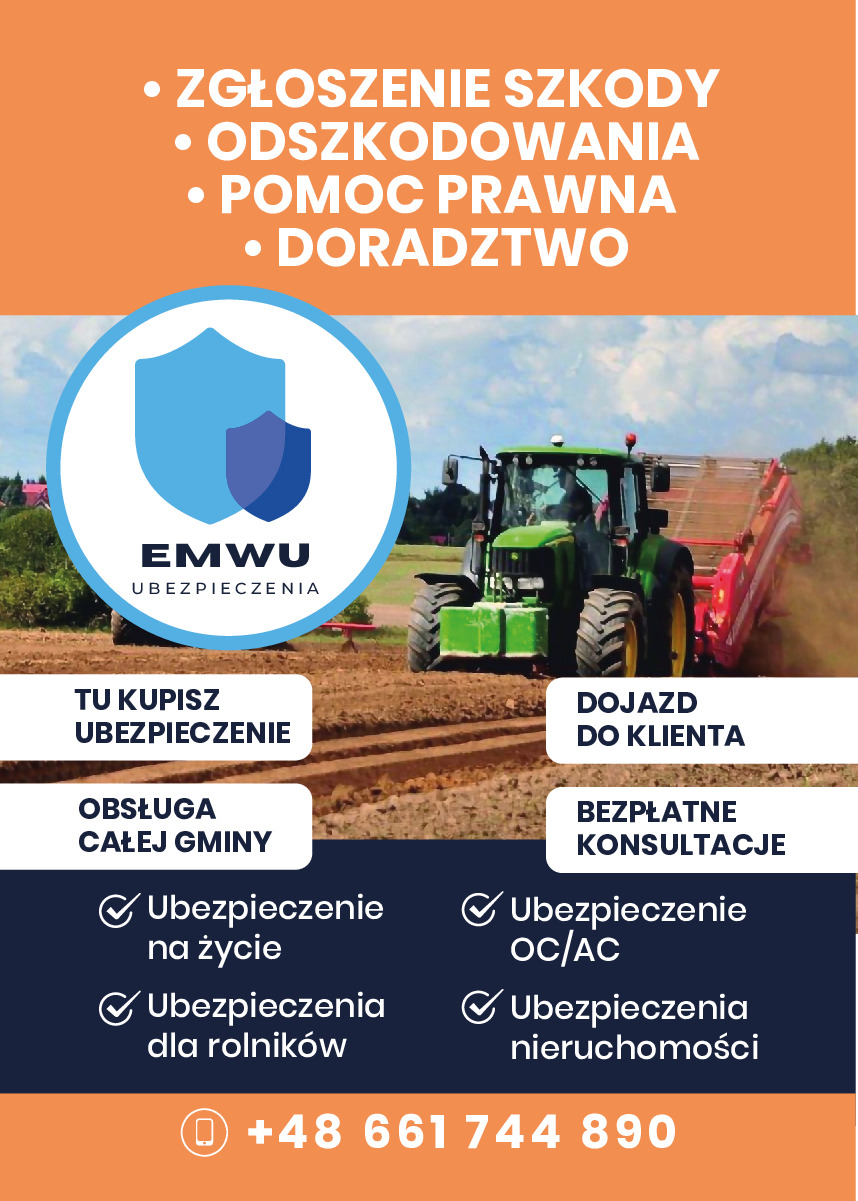 Oferta ubezpieczeń EMWU: zgłoszenie szkody, odszkodowania, pomoc prawna, doradztwo. Ubezpieczenia na życie, OC/AC, dla rolników i nieruchomości. Dojazd, bezpłatne konsultacje.