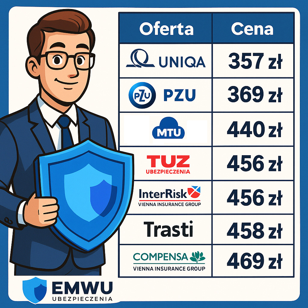 Porównanie ofert ubezpieczeniowych w Bestwin. Rysunkowa postać prezentuje tarcze ochronną obok tabeli z cenami UNIQA, PZU, MTU, TUZ, InterRisk, Trasti i Compensa.
