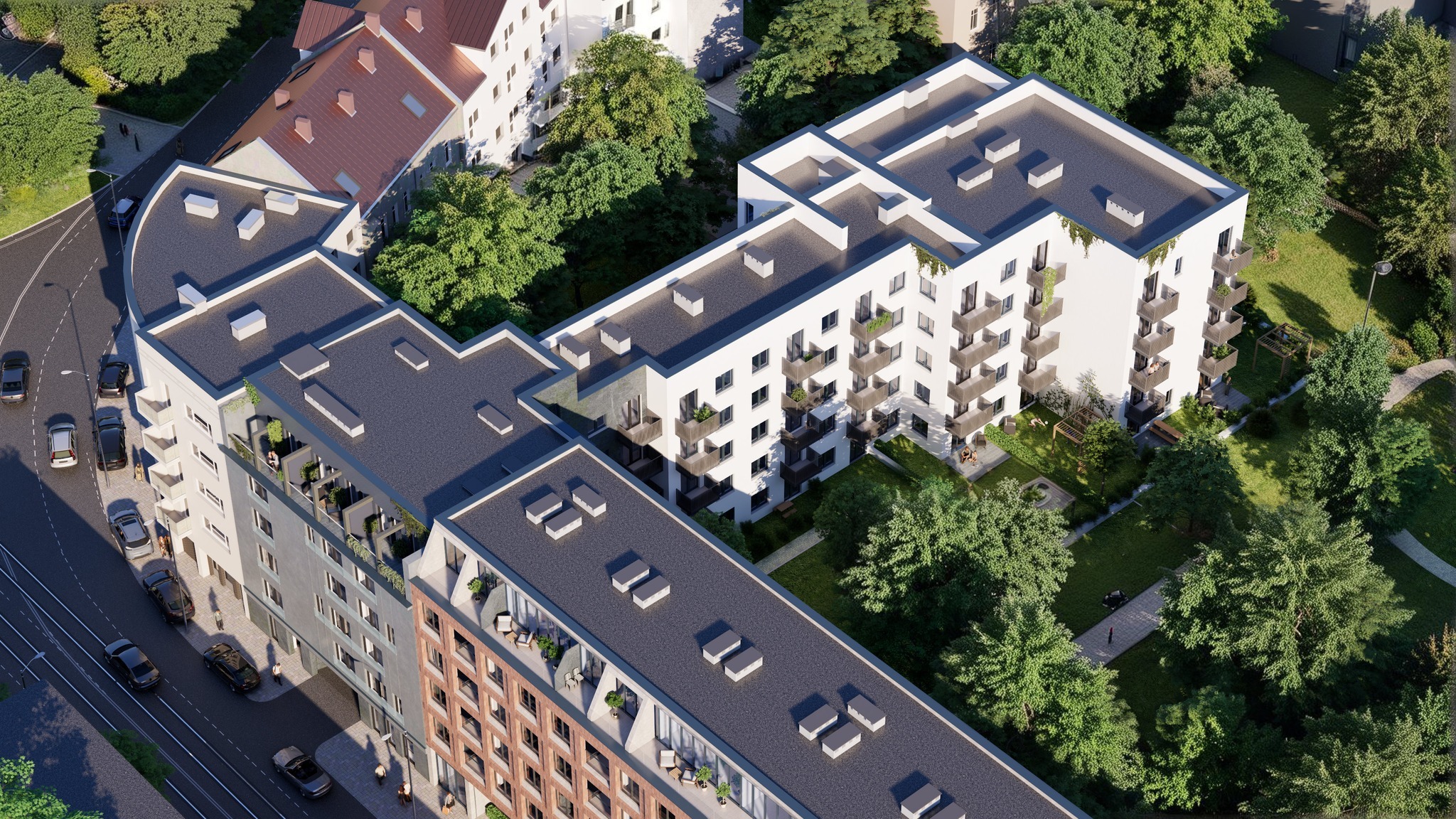 Wizualizacja z lotu ptaka przedstawia nowoczesny kompleks apartamentowy z balkonami, otoczony zielenią i ulicą z zaparkowanymi samochodami. Architektura o zróżnicowanej wysokości.