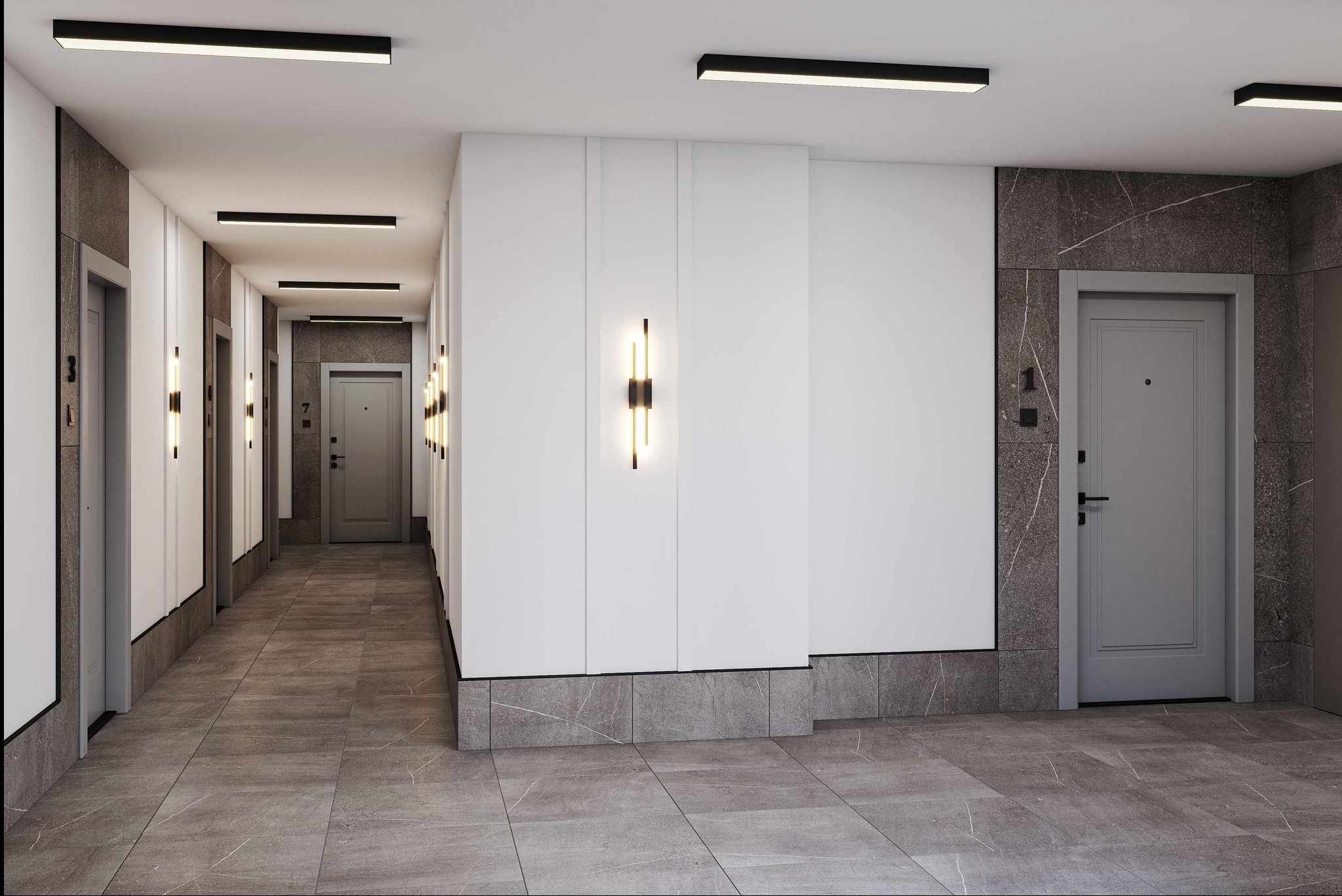 Nowoczesny korytarz w budynku mieszkalnym z szarymi drzwiami, marmurowymi ścianami i podłogą oraz minimalistycznym oświetleniem.